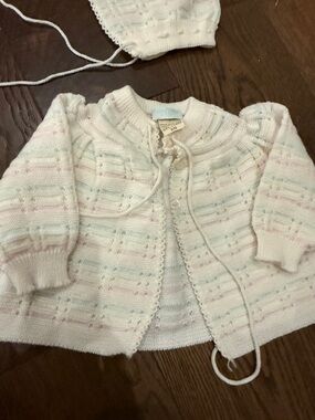 Vintage Baby Knit Cardigan with Matching Bonnet - Pastel